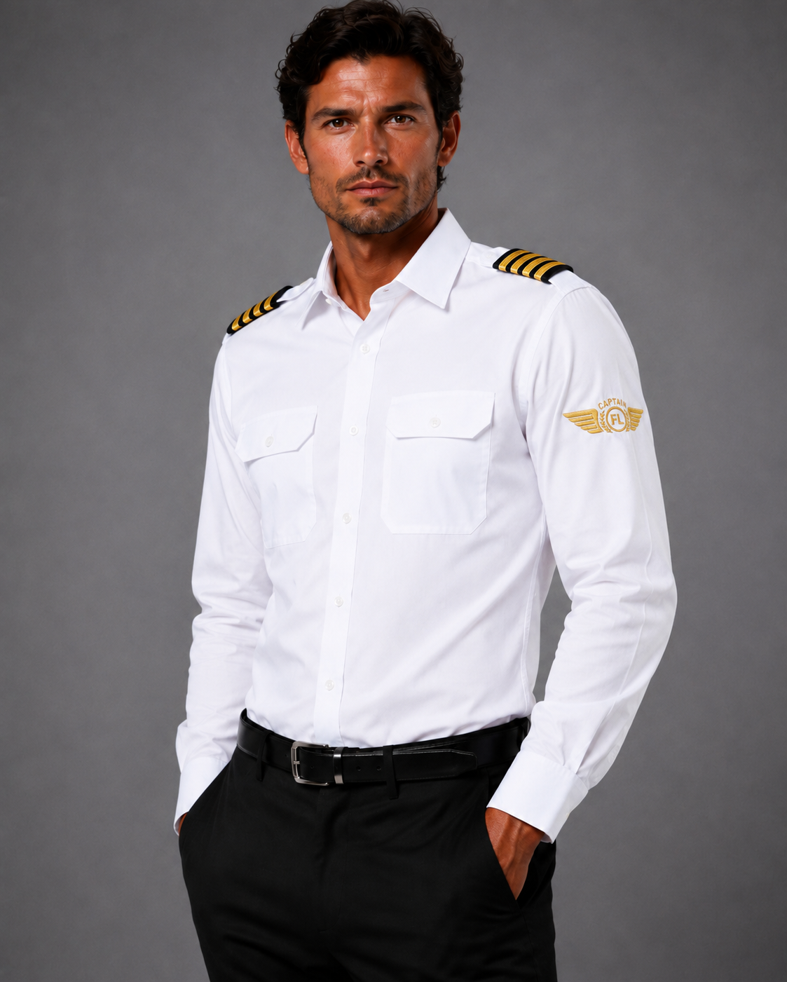 CHEMISE HOMME  BLANCHE MANCHE LONGUE  K504 BRODEE MANCHE FLIGHT LEVEL