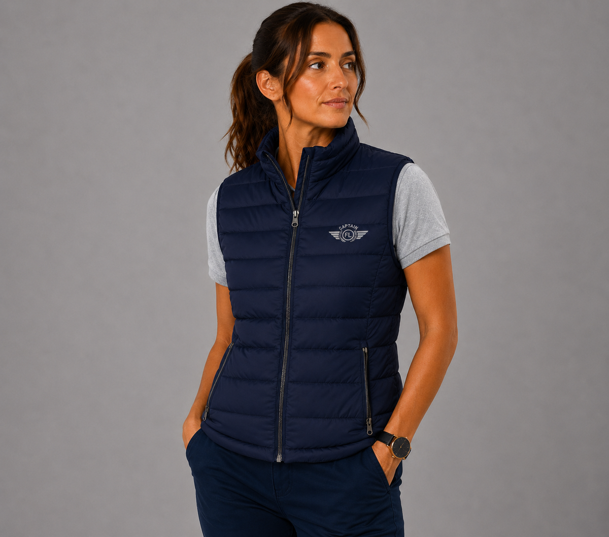 DOUDOUNE SANS MANCHE K6114  FEMME  MARINE BRODEE FLIGHT LEVEL