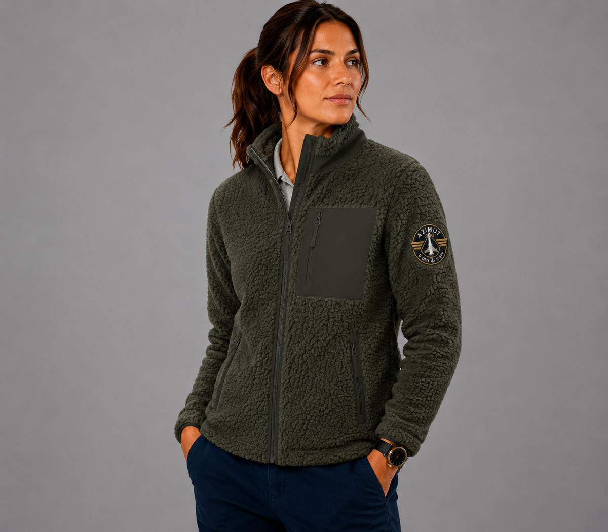 VESTE UNISEX SHERPA  KAKI  BRODE AZIMUT