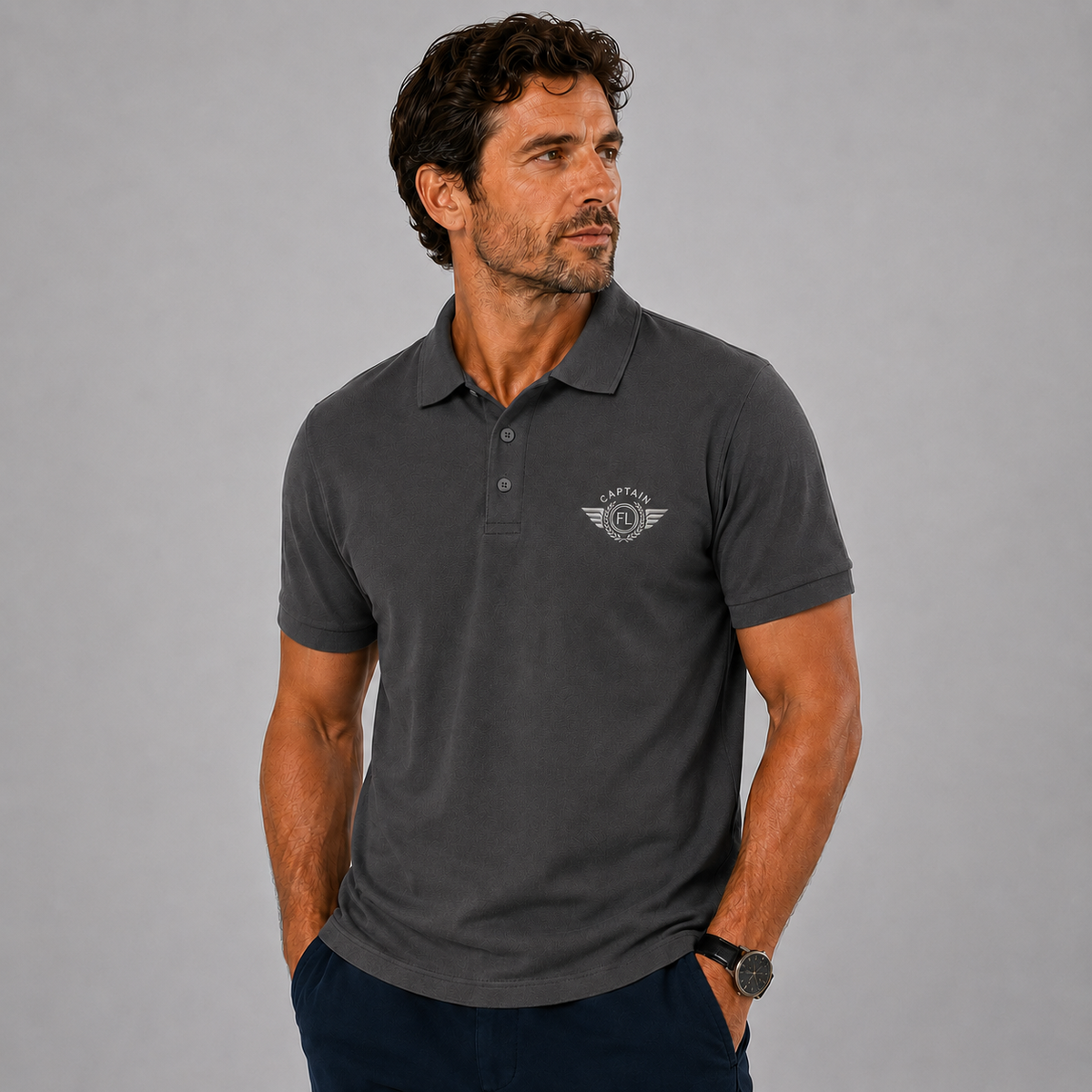 POLO HOMME MANCHE COURTE ANTRACITE  BRODE FLIGHT LEVEL