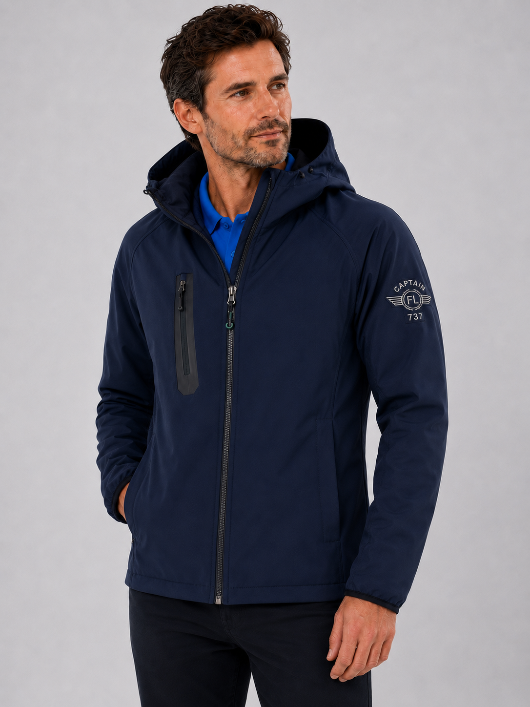VESTE SOFTSHELL R909X MARINE BORDEE  MANCHE ARGENT FLIGHT LEVEL