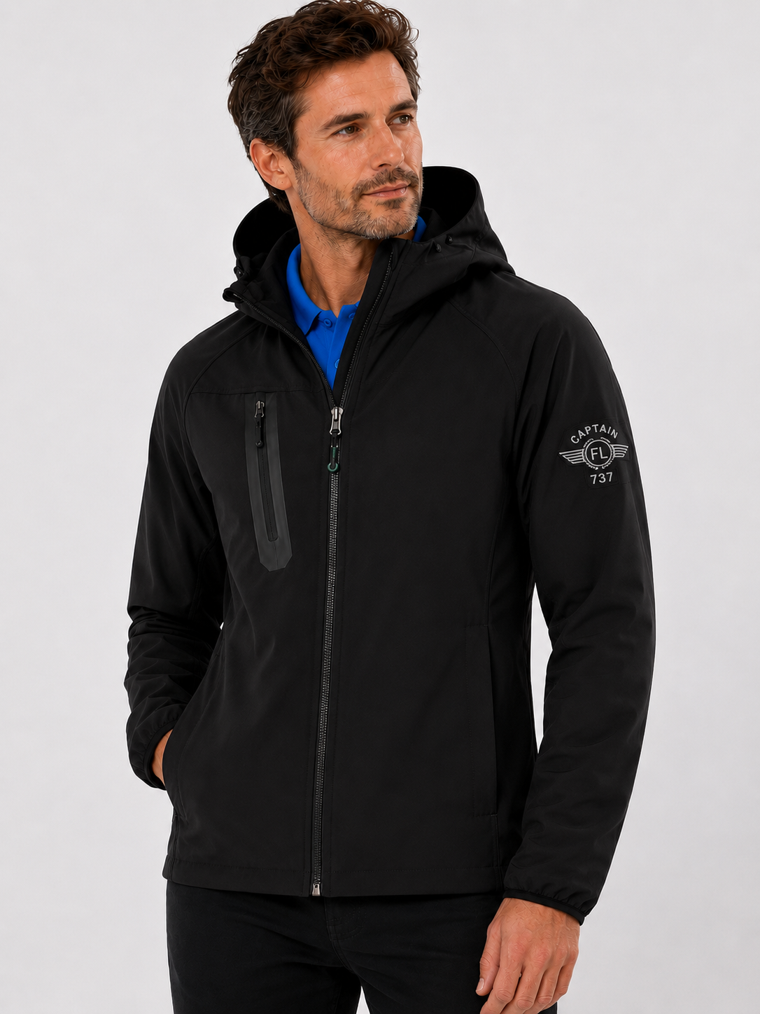 VESTE SOFTSHELL R909X NOIR  BORDEE  MANCHE ARGENT FLIGHT LEVEL