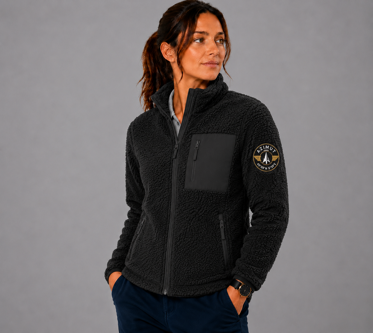VESTE UNISEX SHERPA  NOIR  BRODE AZIMUT